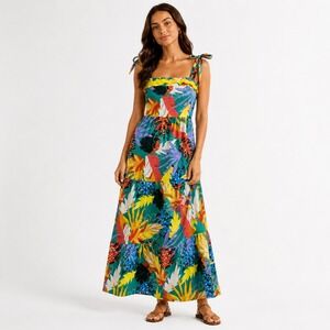 Summer Maxi‎ Dress Tropical Leaf Print Scalloped Trim Vacation Beach Green S